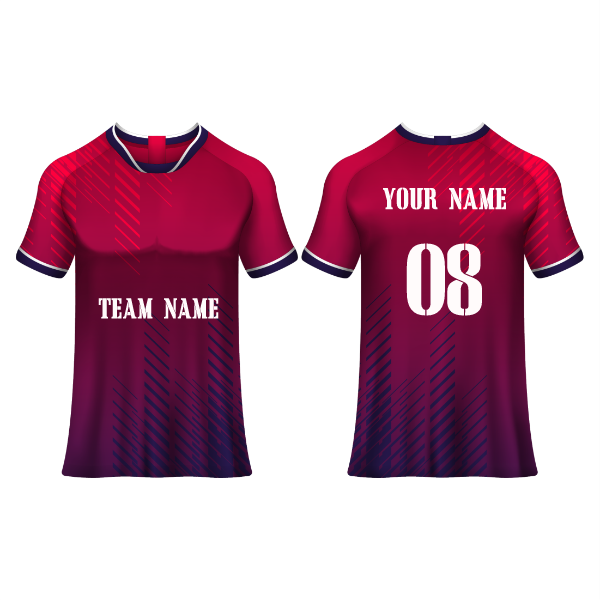 Front and back view of a crimson and navy gradient football jersey with subtle diagonal line graphics, featuring customizable team name, player name, and number, ideal for soccer teams, tournaments, training sessions, and match-day performance.