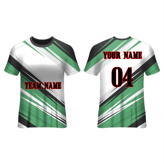 Front and back view of a green and white football jersey with bold black diagonal graphics, featuring customizable team name, player name, and number, ideal for soccer teams, tournaments, training sessions, and match-day performance.