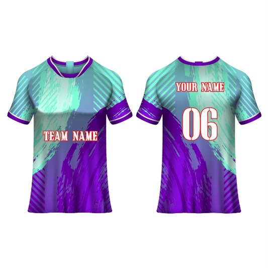 Front and back view of a mint green and purple gradient football jersey with abstract brush-stroke graphics, featuring customizable team name, player name, and number, ideal for soccer teams, tournaments, training sessions, and match-day performance.