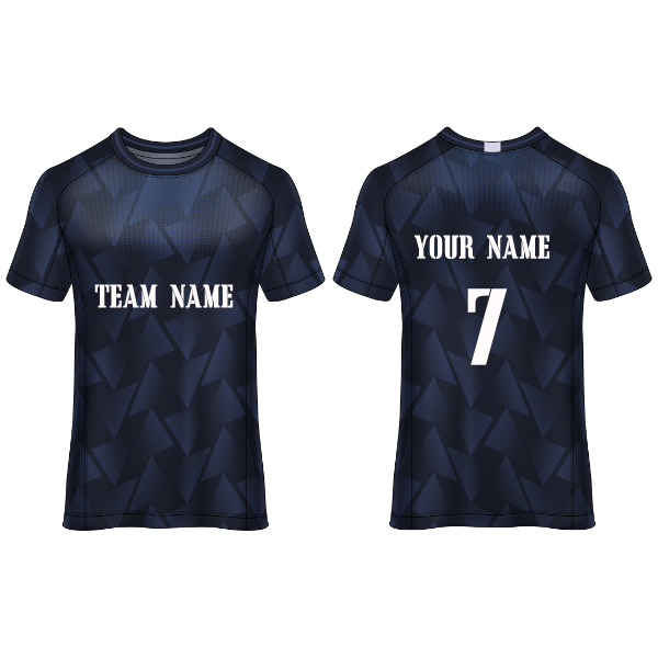 Front and back view of a navy blue geometric pattern football jersey with customizable team name, player name, and number, designed for soccer teams, tournaments, training, and match-day performance.