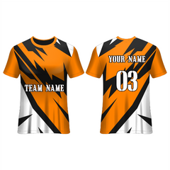 Front and back view of an orange and black lightning pattern football jersey with white accents and customizable team name, player name, and number, ideal for soccer teams, training sessions, tournaments, and match-day performance.