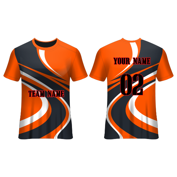 Front and back view of an orange and charcoal football jersey with flowing white and grey swirl graphics, featuring customizable team name, player name, and number, ideal for soccer teams, tournaments, training sessions, and match-day performance.