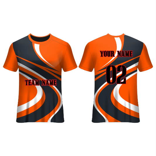 Front and back view of an orange and charcoal football jersey with flowing white and grey swirl graphics, featuring customizable team name, player name, and number, ideal for soccer teams, tournaments, training sessions, and match-day performance.