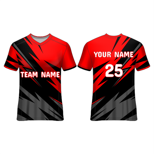 Front and back view of a red and black lightning pattern football jersey with grey accents and customizable team name, player name, and number, ideal for soccer teams, tournaments, training sessions, and match-day performance.