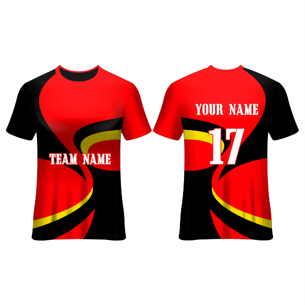 Front and back view of a red and black football jersey with bold yellow swirl graphics, featuring customizable team name, player name, and number, ideal for soccer teams, tournaments, training sessions, and match-day performance.