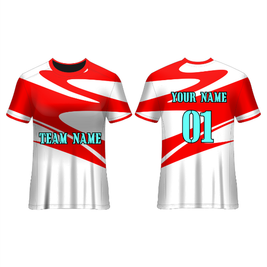 Front and back view of a red and white football jersey with bold flowing graphic stripes, featuring customizable team name, player name, and number, ideal for soccer teams, tournaments, training sessions, and match-day performance.