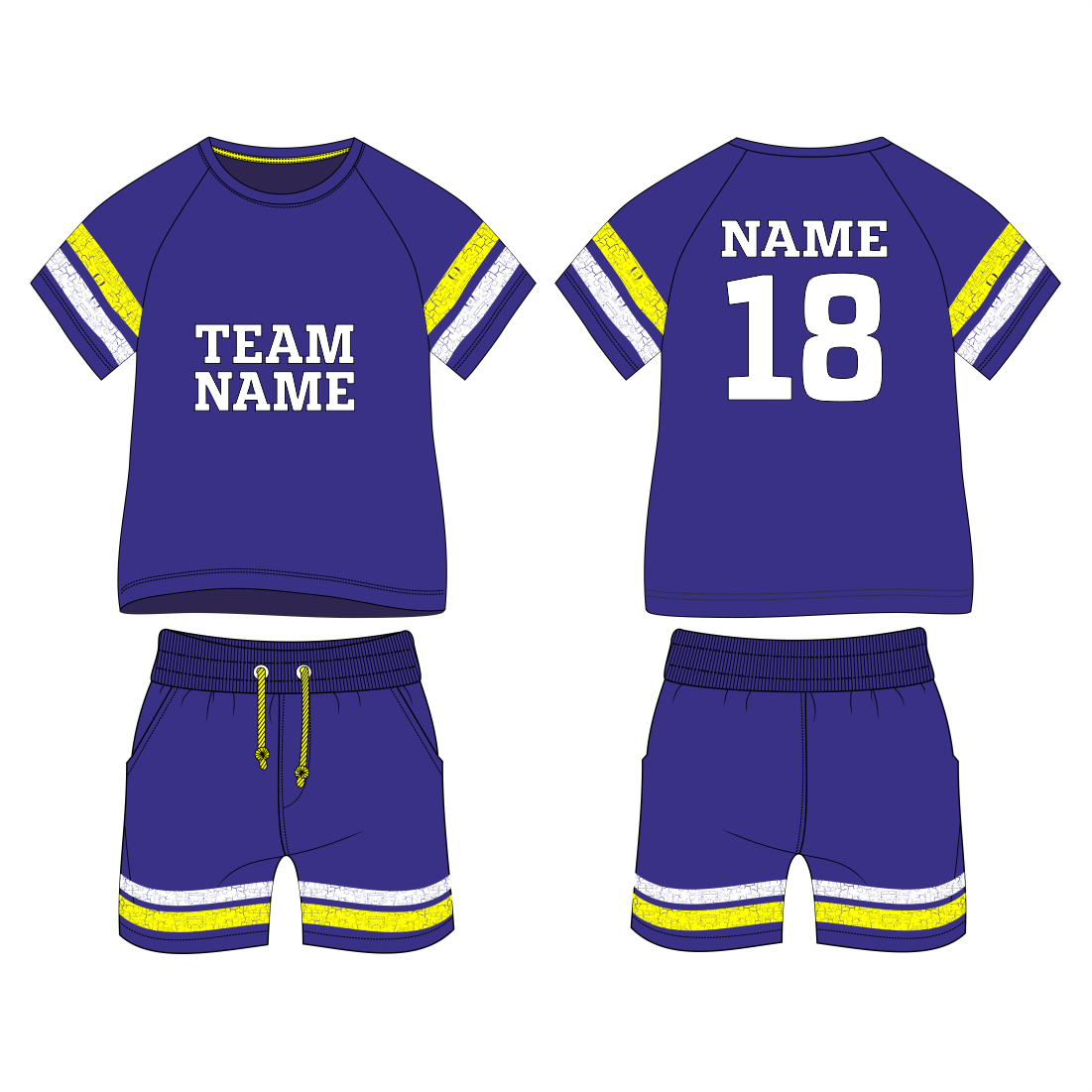 Royal purple sports jersey with yellow accent stripes back view