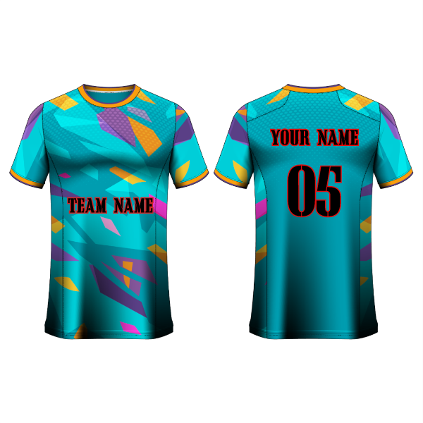 Front and back view of a teal football jersey with colorful abstract geometric graphics in purple, yellow, and pink, featuring customizable team name, player name, and number, ideal for soccer teams, tournaments, training sessions, and match-day performance.