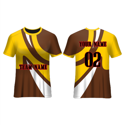 Front and back view of a yellow and brown football jersey with flowing wave graphics and white accents, featuring customizable team name, player name, and number, ideal for soccer teams, tournaments, training sessions, and match-day performance.