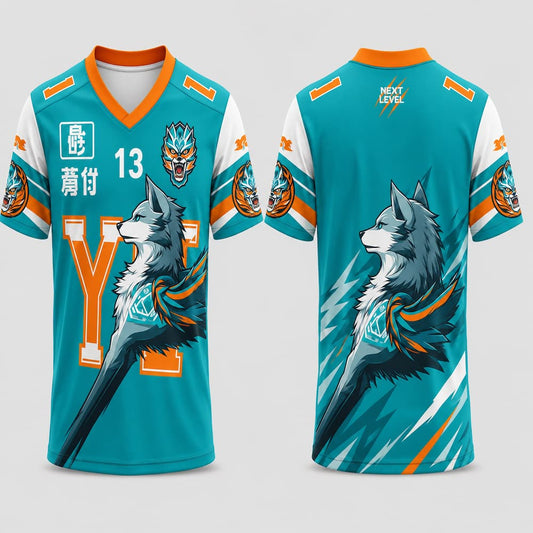 Wolf Graphic V-Neck Esports Jersey | Custom Teal Orange Gaming Team Jersey
