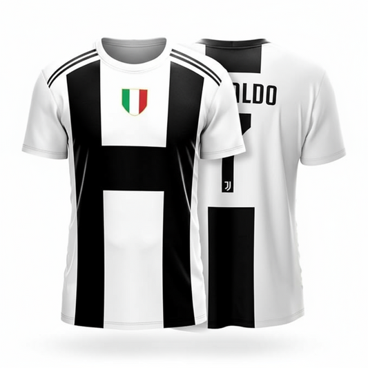 Next Print2018-19 RonaldoFan Football Club Jersey, Black & White Edition, Customized and Personalized with Your Name and Number, for Kids, Men, and Women.
