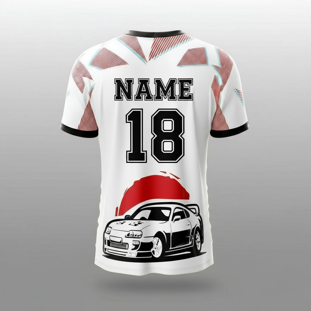 Next Print Japan x Supra Fan Car Edition Football/Cricket/Badminton Concept Jersey, 2024 White/Red/Black Edition, Customized and Personalized with Your Name and Number, for Kids, Men, and Women.
