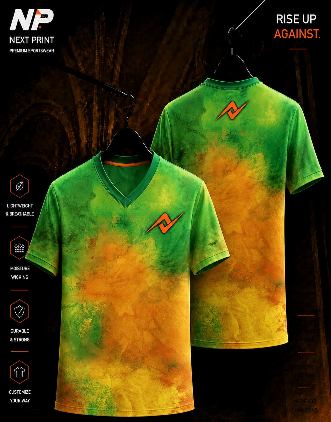 Green & Orange Watercolor Sublimation V-Neck Sports Jersey | Premium Custom Teamwear