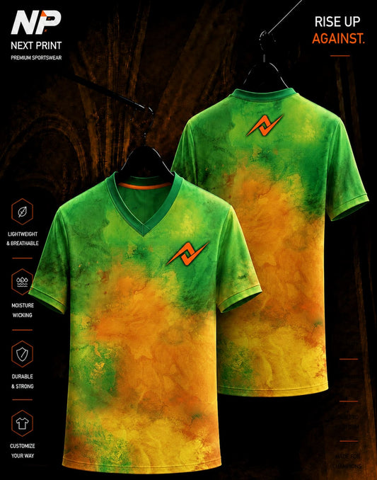 Green & Orange Watercolor Sublimation V-Neck Sports Jersey | Premium Custom Teamwear