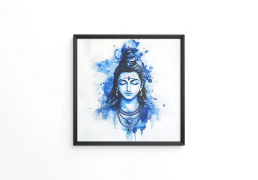 Watercolor of Hindu God Shiva with Third Eye and Blue frame