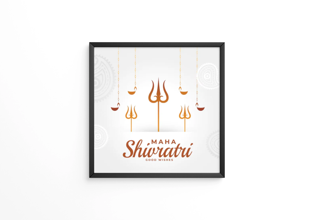 Maha shivratri greeting with mahadev trishul and hanging diya frame