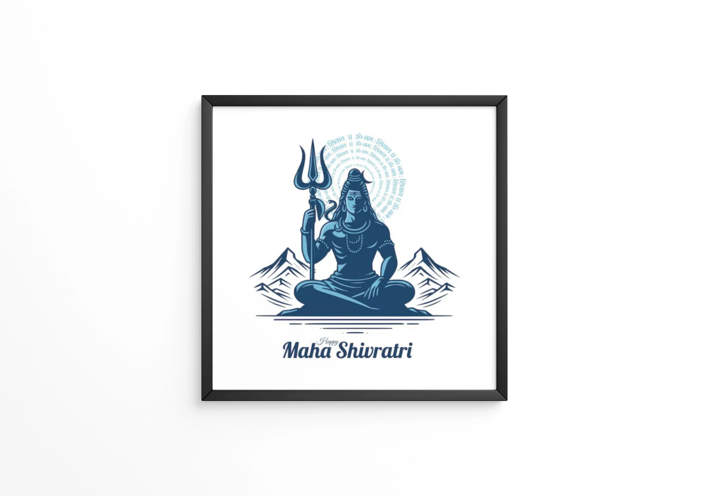 Happy Maha Shivratri greeting with mahadev trishul holding and mountain landscape frame (Copy)