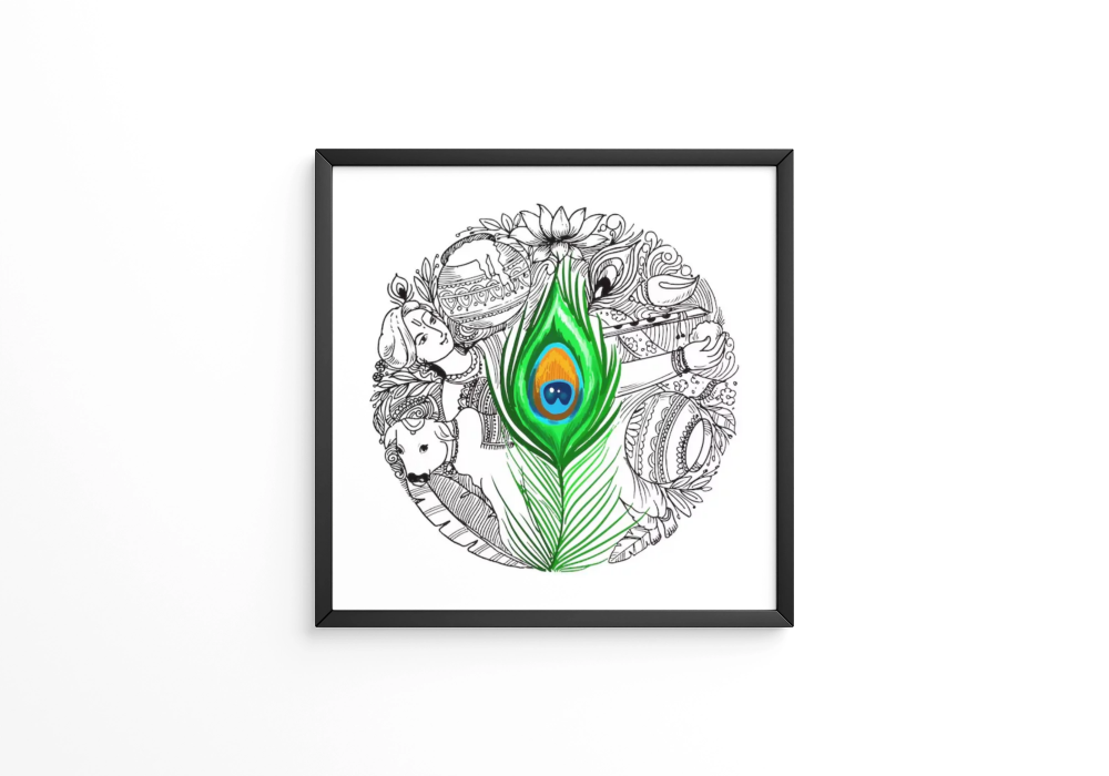 Hand draw beautiful decorative krishna janmashtami card background frames