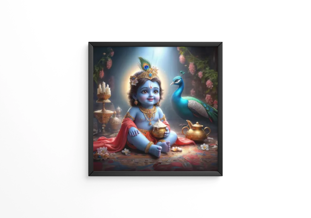 Lord child krishna sits in front of a peacock and a gold pot of makkhan frames
