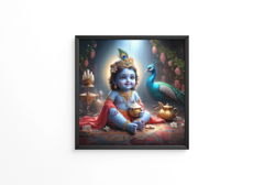 Lord child krishna sits in front of a peacock and a gold pot of makkhan frames
