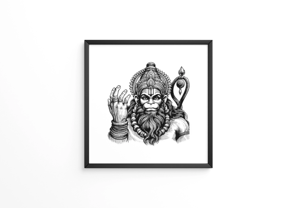 Lord Hanuman  hand drawn black and white Hindu God frames