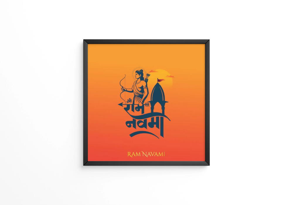 Shree ram navami HIndi calligraphy with lord ram illustration and ayodhya mandir frame
