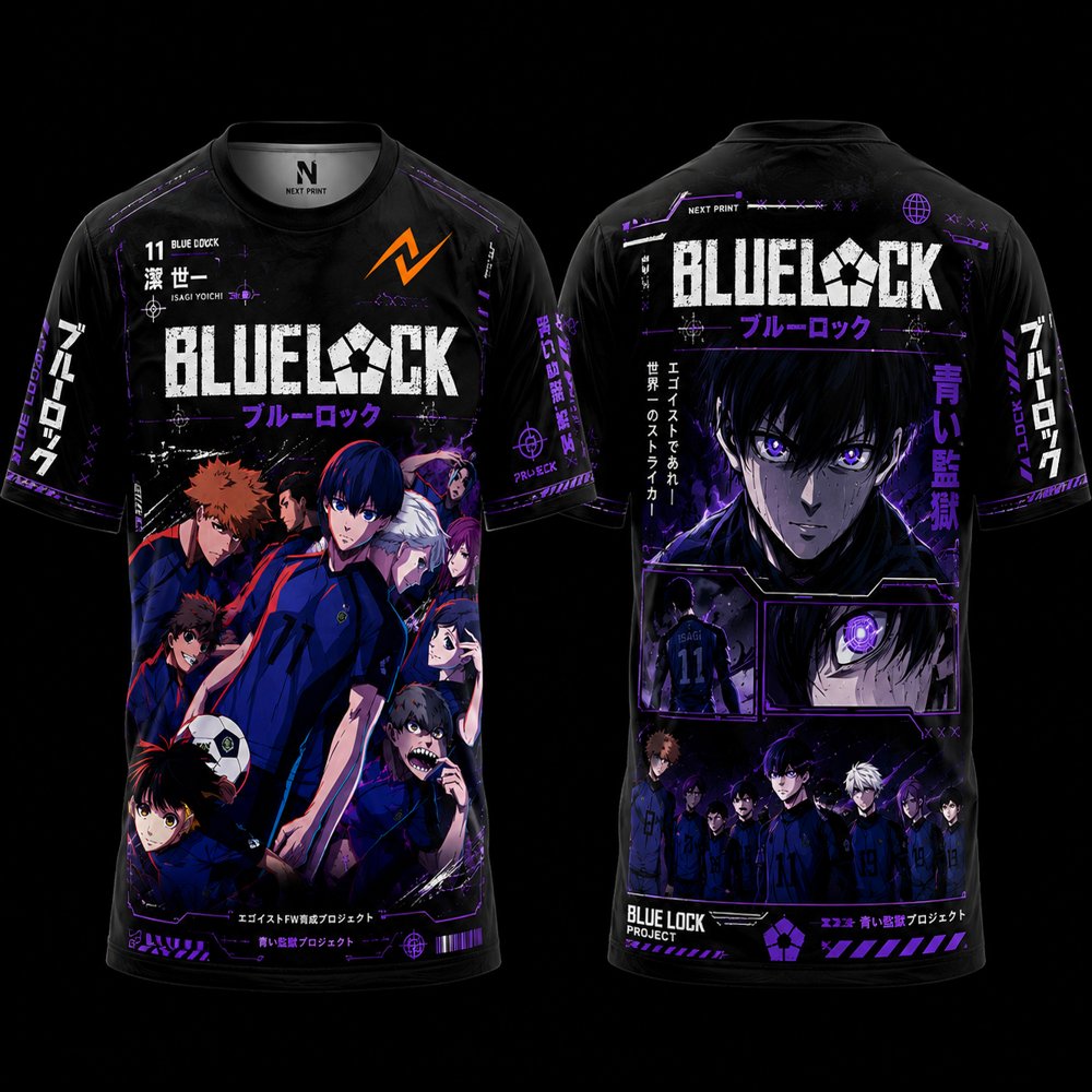 Blue Lock Isagi Yoichi team anime jersey in black and purple with front and back premium sublimation design and round neck sports fit