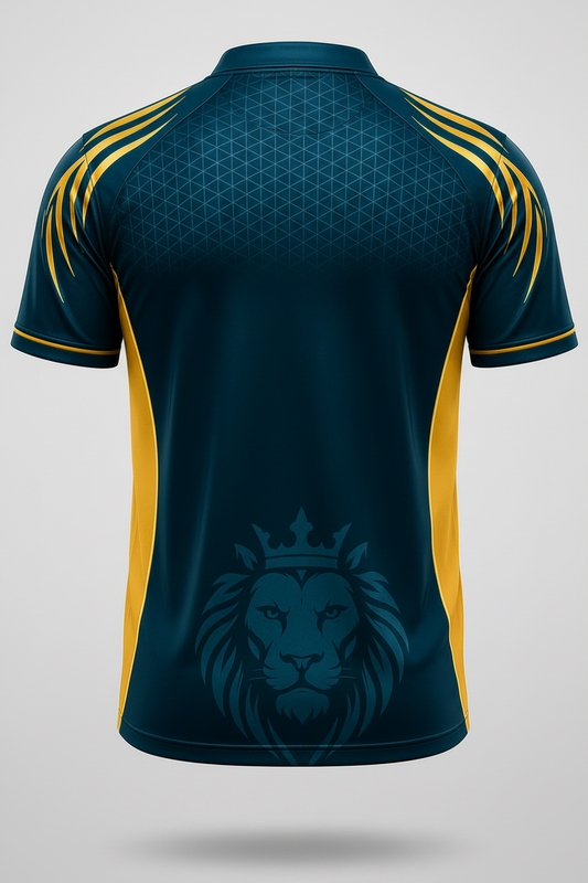 Green sports jersey with yellow accents and a lion emblem on a gray background