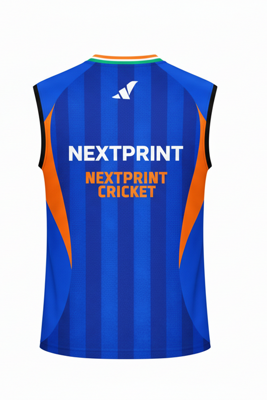Next Print Cricket 2026 Jersey Blue India V neck Sleeveless Men/Women.