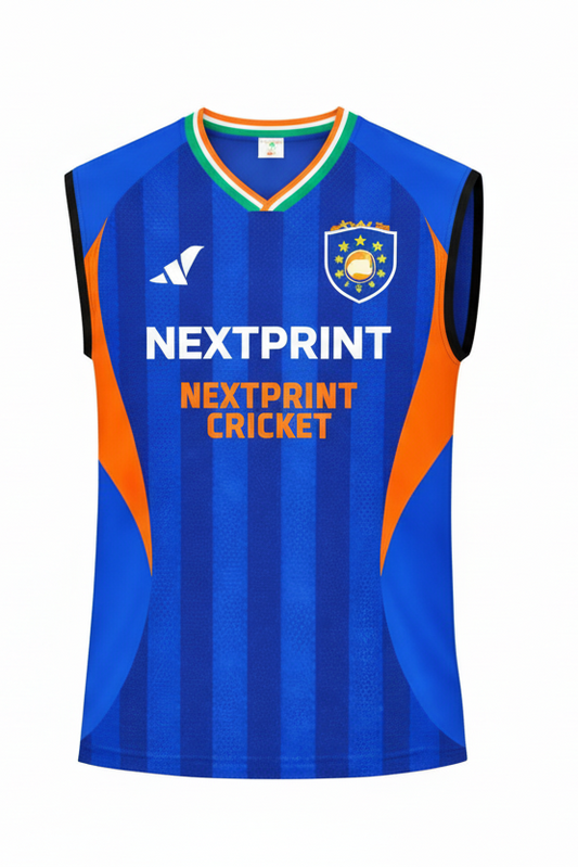 Next Print Cricket 2026 Jersey Blue India V neck Sleeveless Men/Women.