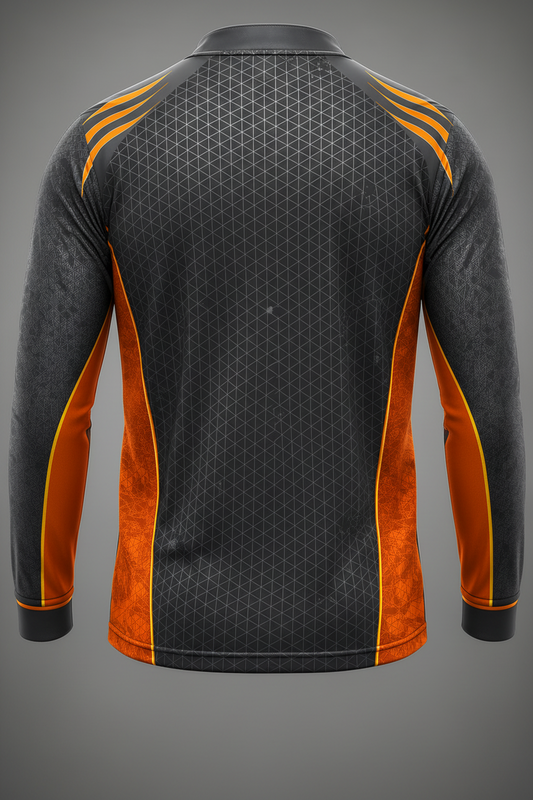Long-sleeve shirt with geometric pattern and orange accents on a gray background