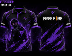 Shop the Free Fire Theme Polo Collar Esports Jersey Design No.10 featuring a premium black and purple Night Reaper design with customizable name, number, and team branding for gamers and esports teams.