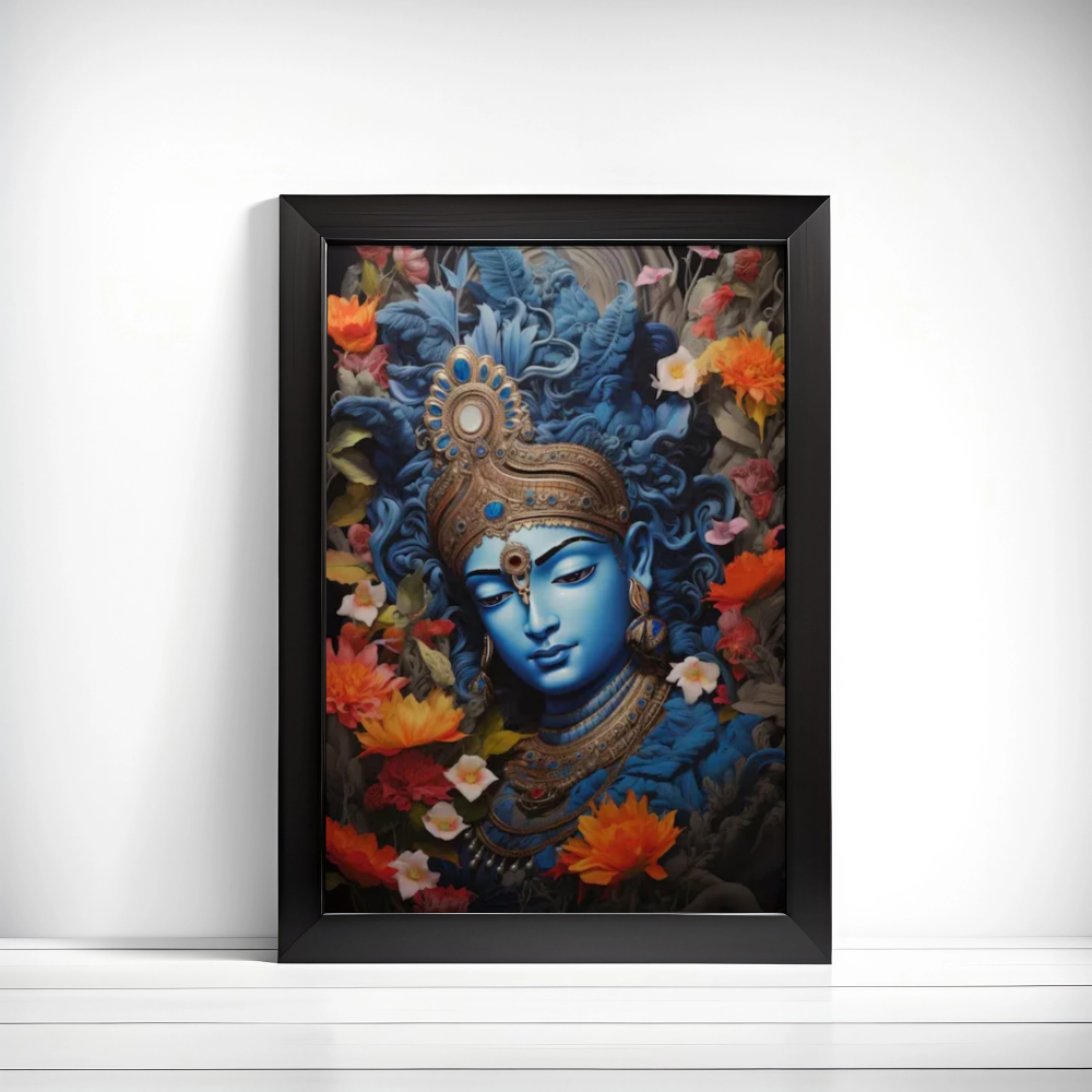 Hare Krishna Lord Krishna sitting in the lotus position in jewelry plays the flute in goats  environment Music deity animals Fireworks Flowers Flat style frame (Copy) (Copy)