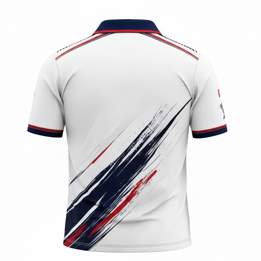 Next Print RCB White Cricket Jersey Red Blue Stripes Premium Custom Team Sports Shirt