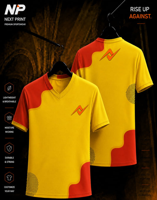Yellow and red abstract color block V-neck sublimation sports jersey featuring modern geometric accents and NextPrint branding.
