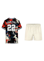 Abstract marble pattern sports jersey in red, black, and white with plain shorts, back view custom team uniform design in India