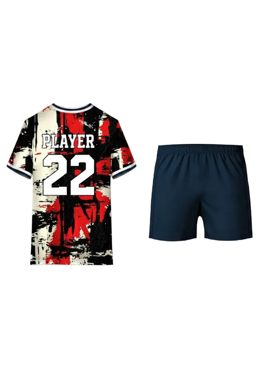 Abstract red, black, and white brush pattern sports jersey with plain navy shorts, back view custom team uniform design in India