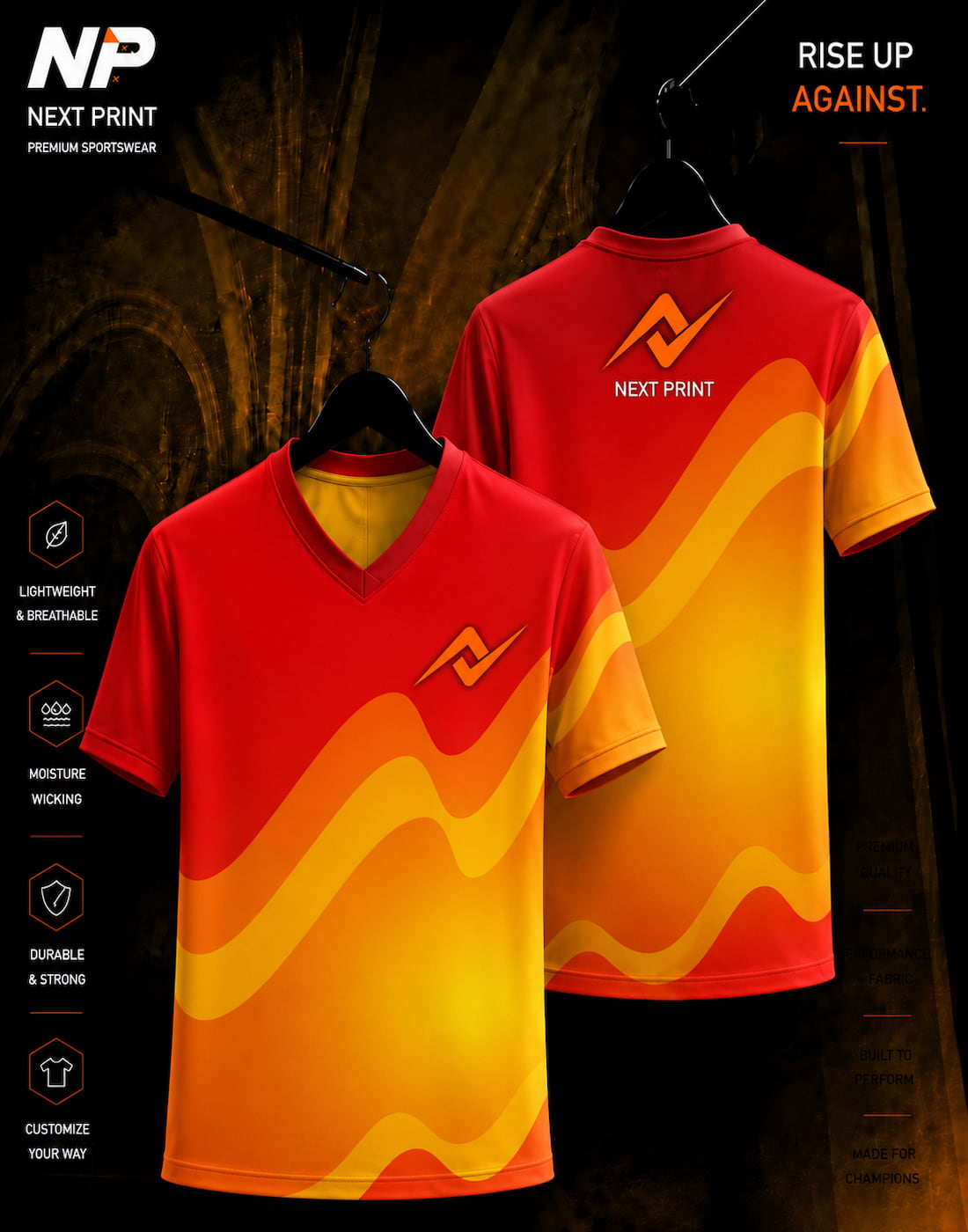Abstract Wave Gradient V-Neck Sports Jersey featuring a modern red, orange, and yellow sublimation design with NextPrint logo.