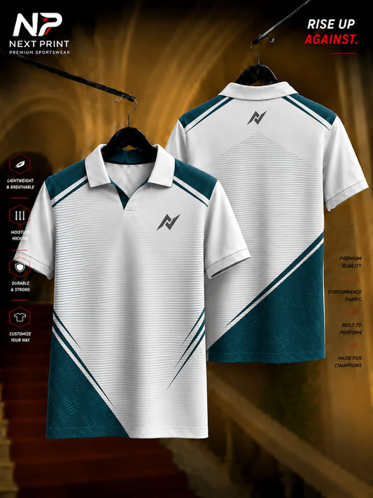 White and teal polo sports jersey with geometric panels and fine pinstripe design, premium dry-fit fabric, front and back view.