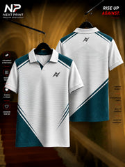 White and teal polo sports jersey with geometric panels and fine pinstripe design, premium dry-fit fabric, front and back view.