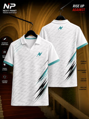 White polo V-neck sports jersey featuring a subtle textured pattern with black and teal brush-stroke graphics, premium dry-fit fabric, front and back view.
