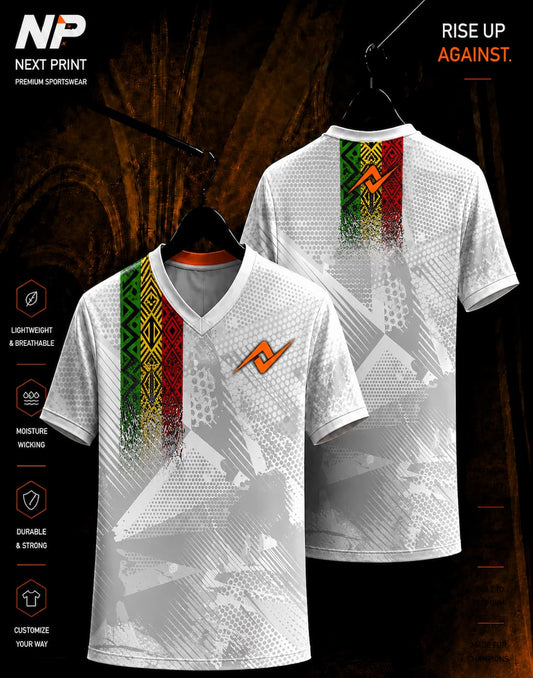 African tribal white sublimation V-neck sports jersey with green yellow and red pattern front and back by Next Print