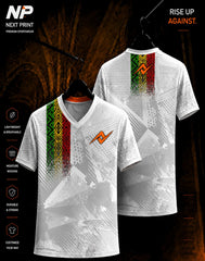 African tribal white sublimation V-neck sports jersey with green yellow and red pattern front and back by Next Print