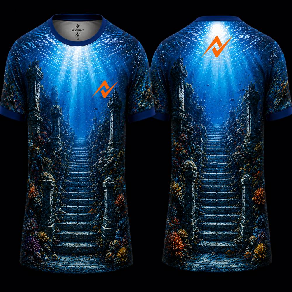 Ancient Underwater Ruins Sublimation Round Neck Sports Jersey featuring ocean temple stairs and blue underwater scenery, front and back view.