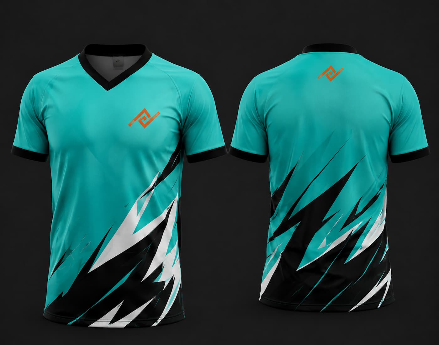 Front and back view of an aqua blue and black V-neck cricket jersey featuring bold lightning graphics with an orange logo on the left chest and below the back neckline.