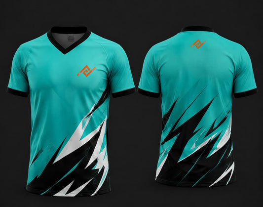 Front and back view of an aqua blue and black V-neck cricket jersey featuring bold lightning graphics with an orange logo on the left chest and below the back neckline.