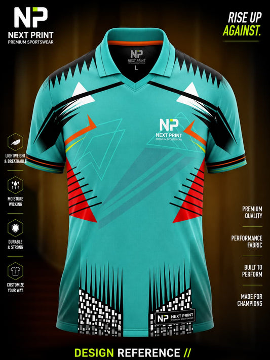 Aqua blue and black cricket polo jersey with geometric graphics, red accents, and premium sublimation sportswear design.
