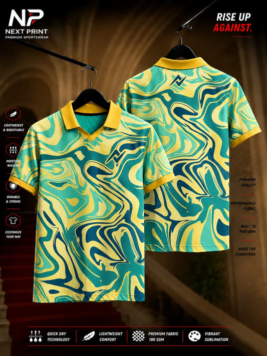 Aqua Flow Abstract Polo Sports Jersey featuring teal, aqua, navy, and soft yellow fluid marble graphics with front and back views.
