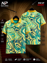 Aqua Flow Abstract Polo Sports Jersey featuring teal, aqua, navy, and soft yellow fluid marble graphics with front and back views.
