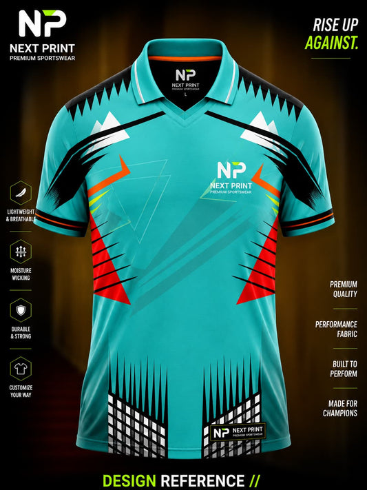 Premium aqua blue polo sports jersey featuring black, white, orange, and red geometric graphics made from lightweight dry-fit performance fabric.